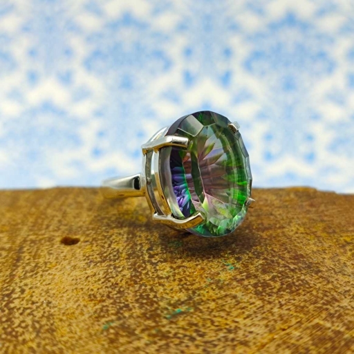 Faceted Claw Prong Design 925 Sterling Silver Handmade Mystic Topaz Ring