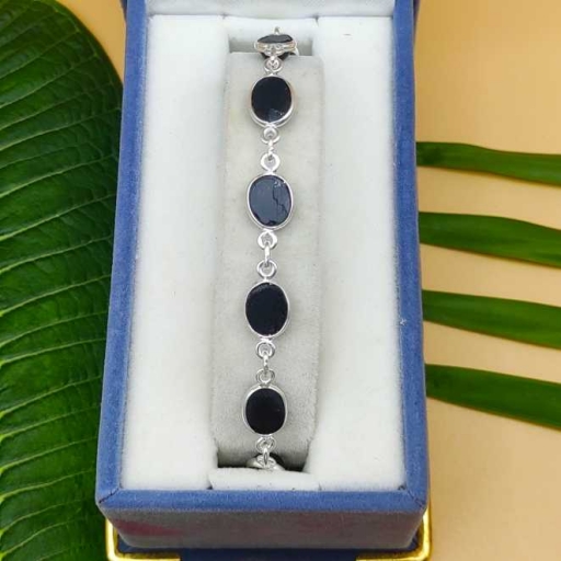 925 Sterling Silver Handmade Oval Shape Black Star Gemstone Bracelet