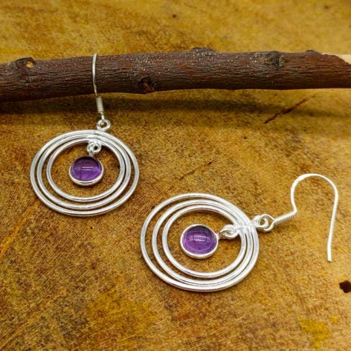 Round Shape Natural Amethyst Triple Layer 925 Sterling Silver Handmade Danglers