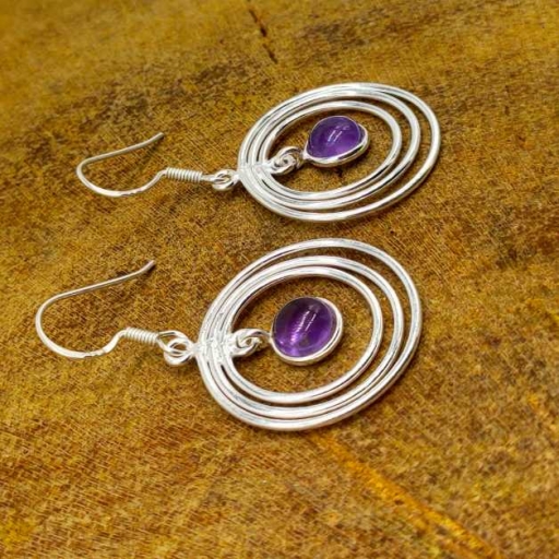 Round Shape Natural Amethyst Triple Layer 925 Sterling Silver Handmade Danglers