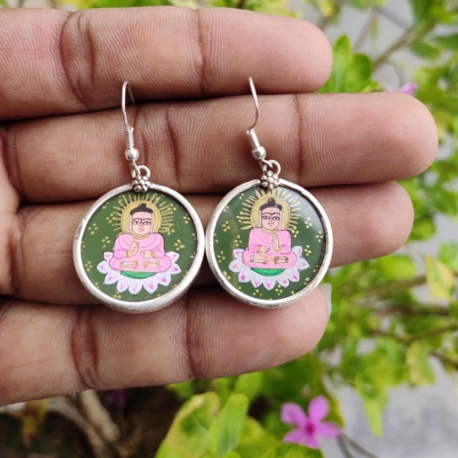 Lord Buddha On Lotus Painting Glass Framed  925 Sterling Silver Earrings