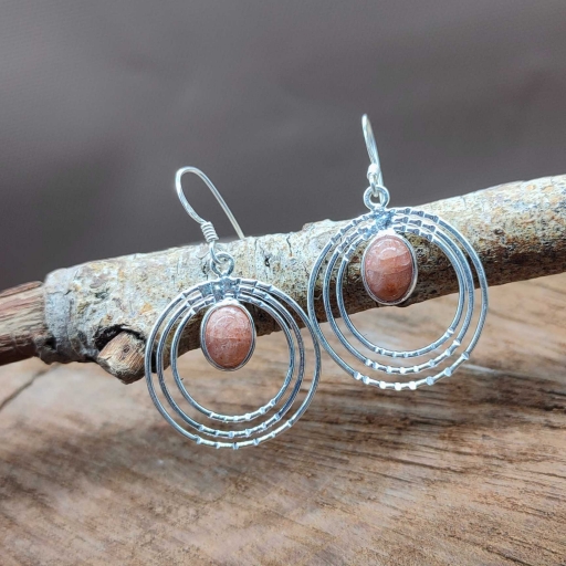 Oval Shape Natural Sunstone Triple Layer 925 Sterling Silver Handmade Danglers