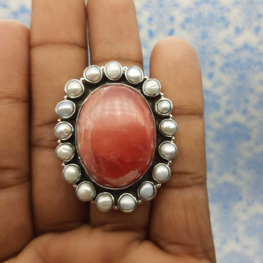 Oval & Round Shape 925 Sterling Silver Rhodochrosite & Pearl Ring For Women's