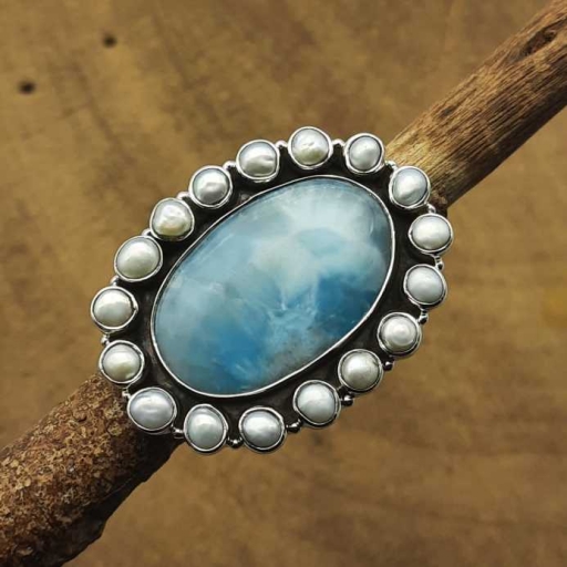 Authentic Larimar And Pearl Gemstone Designer 925 Sterling Silver Ring For Her Gift