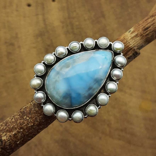 Solid 925 Sterling Silver Handmade Chunky Larimar And Pearl Gemstone Ring