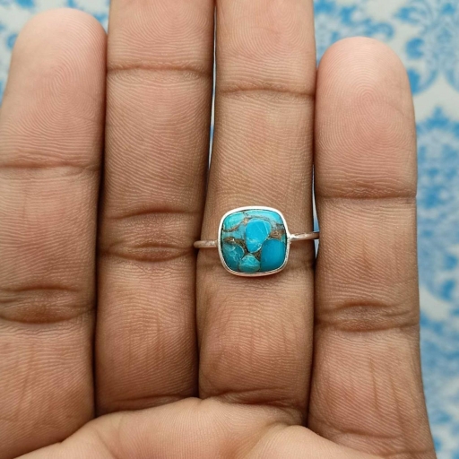 925 Sterling Silver Cabochon Blue Copper Turquoise Gemstone Handmade Bezel Ring