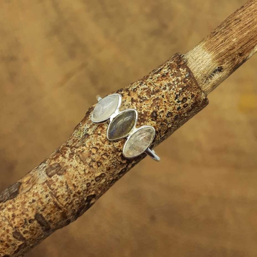 925 Sterling Silver Moonstone , Labradorite Dual Stone Fine Girl's Ring