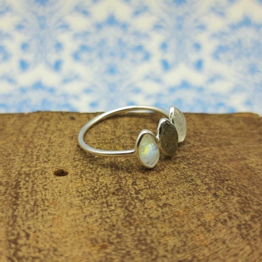 925 Sterling Silver Moonstone , Labradorite Dual Stone Fine Girl's Ring