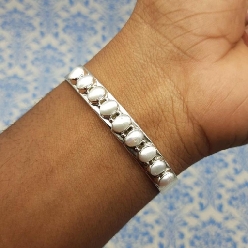 Pearl Gemstone 925 Sterling Silver Fine Bangle Style Trending Women's Bracelet