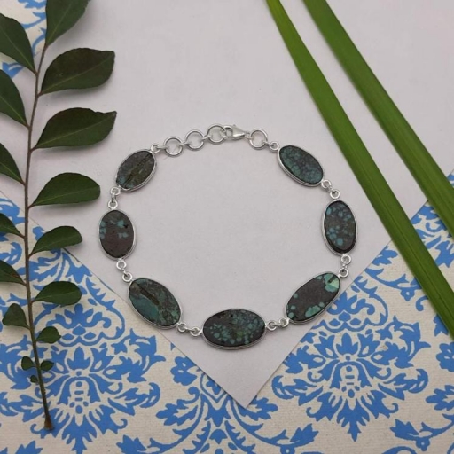 Cabochon Tibeti Turquoise Gemstone 925 Sterling  Silver Boho Bracelet