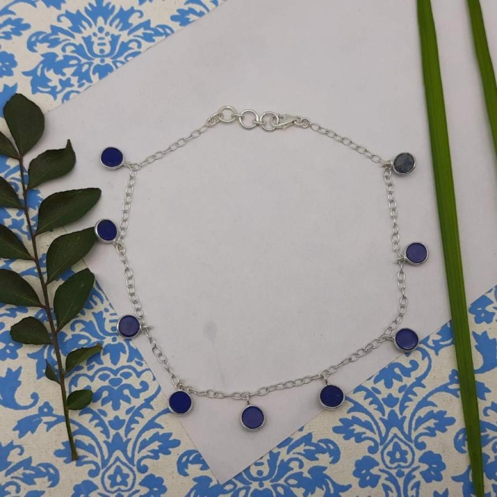 Lapis Lazuli Gemstone Designer 925 Sterling Silver Chain Designer Fine Women's Bracelet