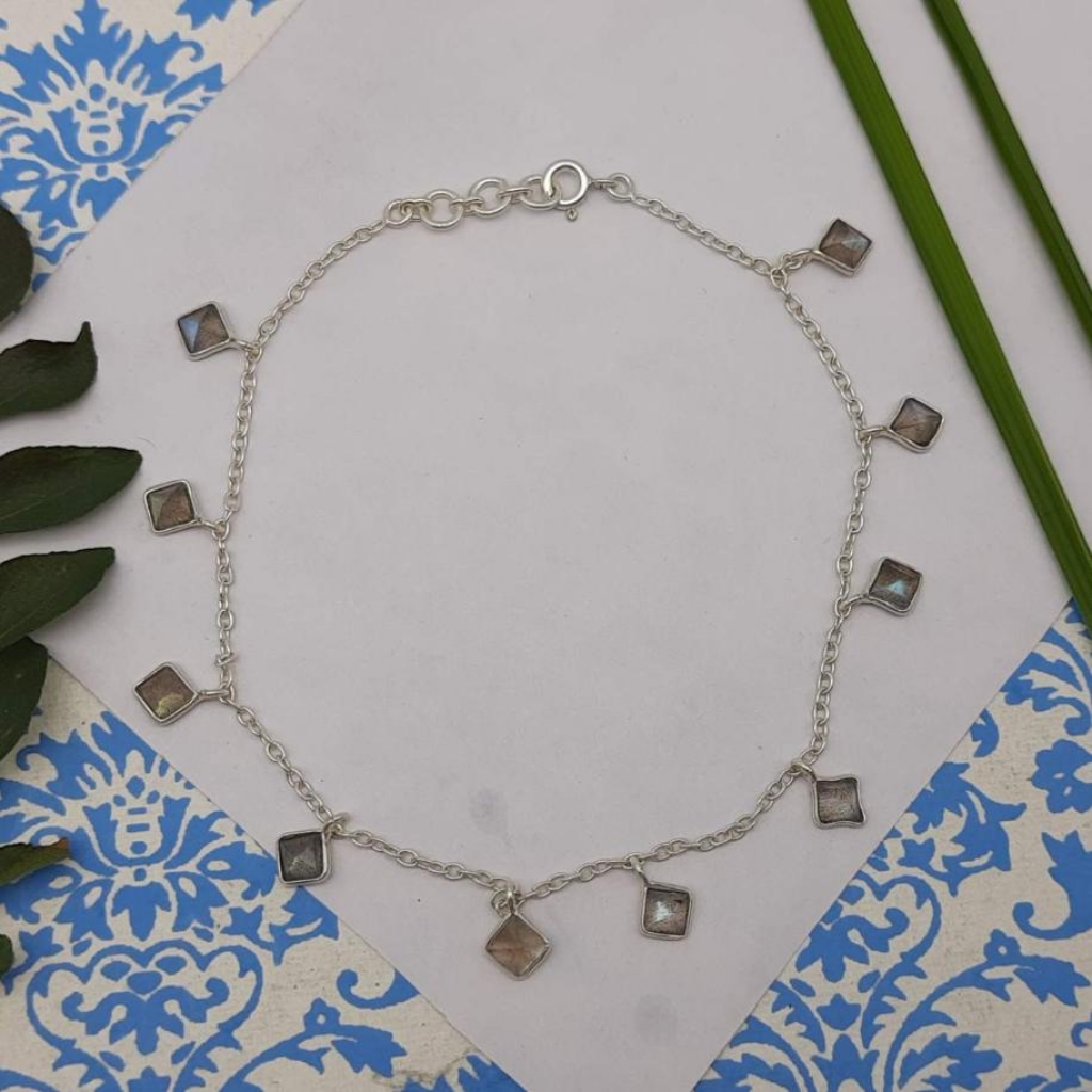 Square Shape Faceted Labradorite Gemstone 925 Sterling Silver Bracelet
