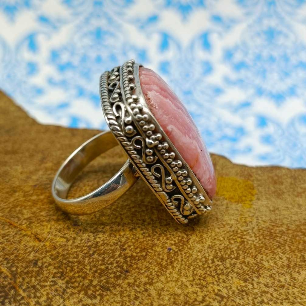 Rhodochrosite Gemstone 925 Silver Boho Unique Design Work Ring