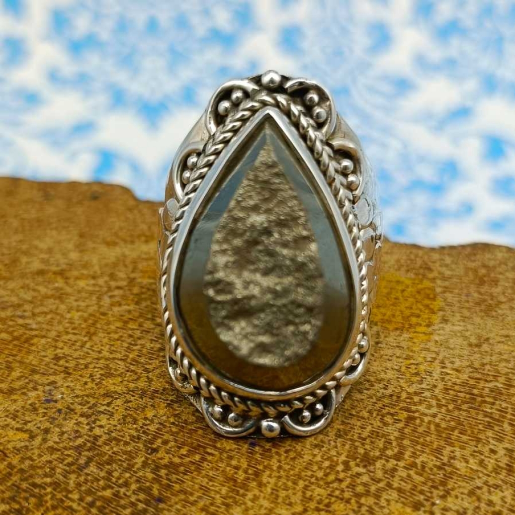 Drop Shape Pyrite Gemstone 925 Sterling Silver Bohemian Band Ring