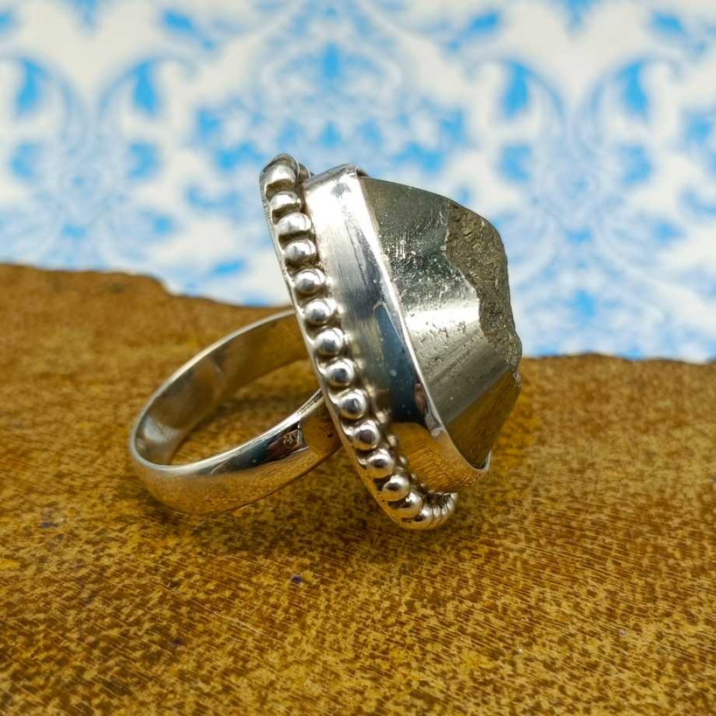Drop Shape Pyrite Gemstone  925 Sterling Silver Bohemian Rava Work Ring
