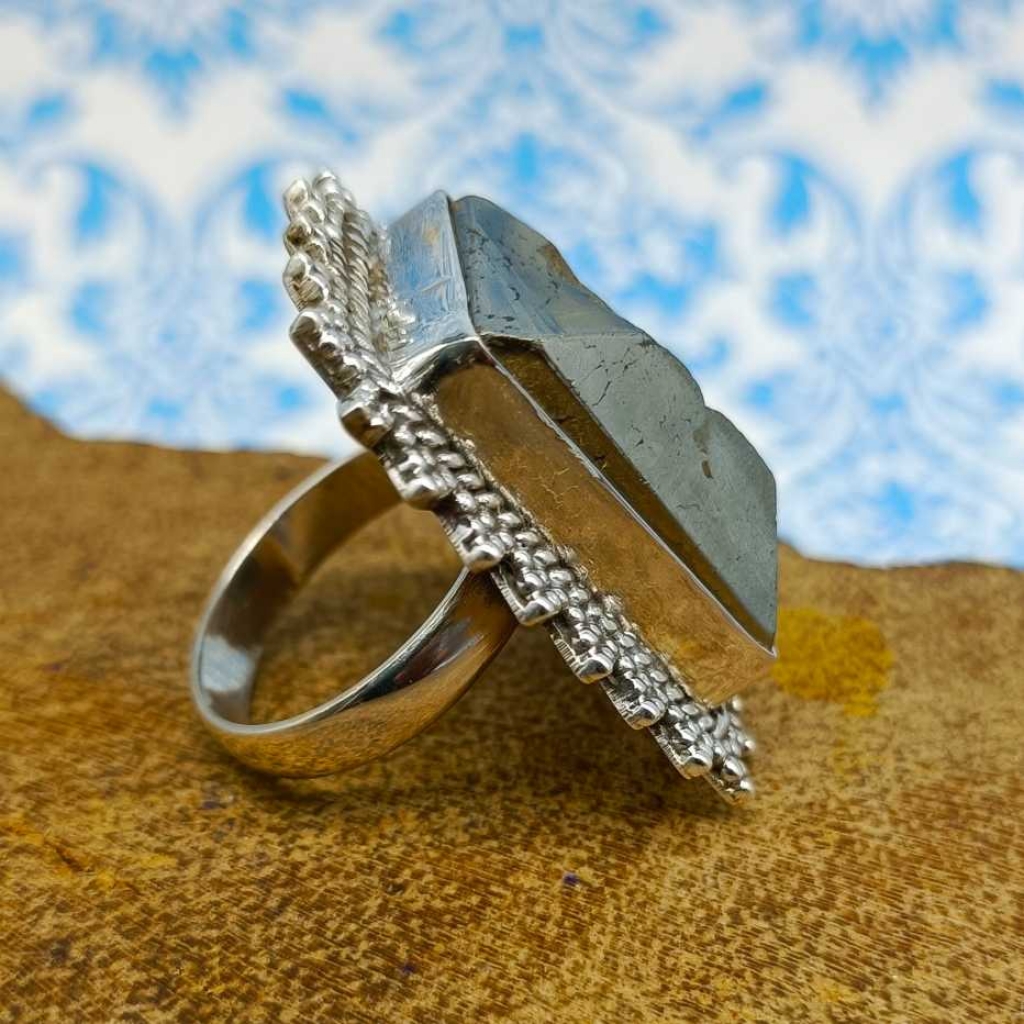 Rectangle Shape Pyrite Gemstone 925 Sterling Silver Bohemian Nepali Work Ring