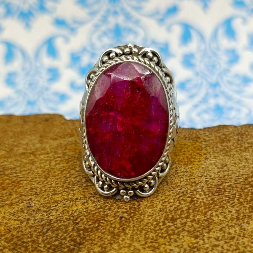 Dyed Red Ruby Gemstone 925 Sterling Silver Bohemian Band Ring