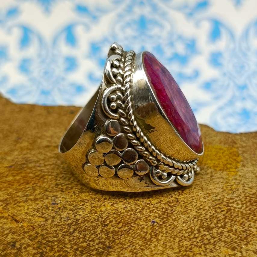 Dyed Red Ruby Gemstone 925 Sterling Silver Bohemian Band Ring