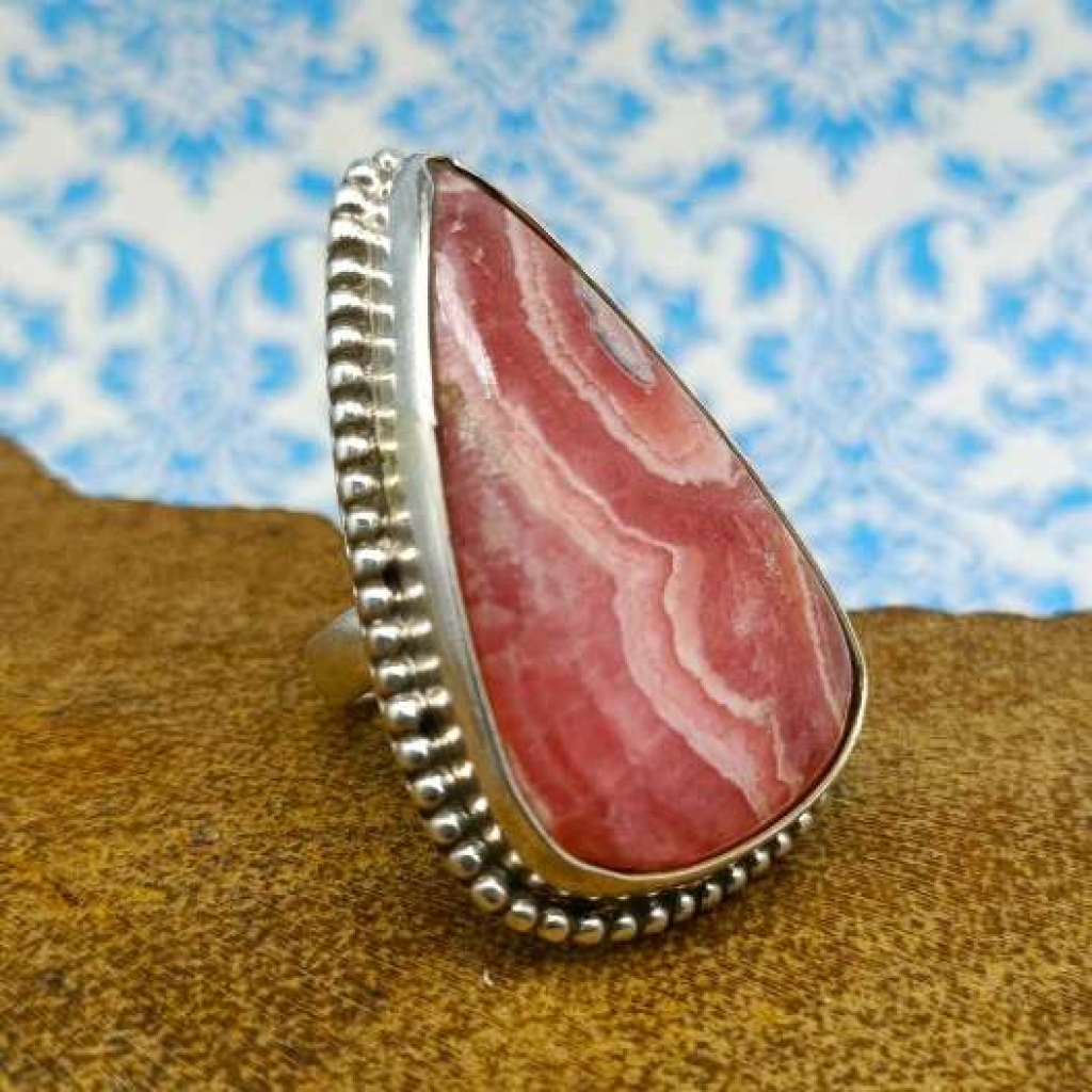 Drop Shape Rhodochrosite Gemstone  925 Sterling Silver Bohemian Rava Work Ring