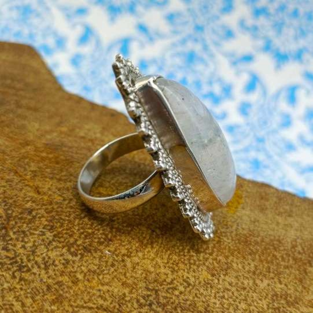 Rainbow Moonstone Gemstone 925 Sterling Silver Bohemian Nepali Work Ring