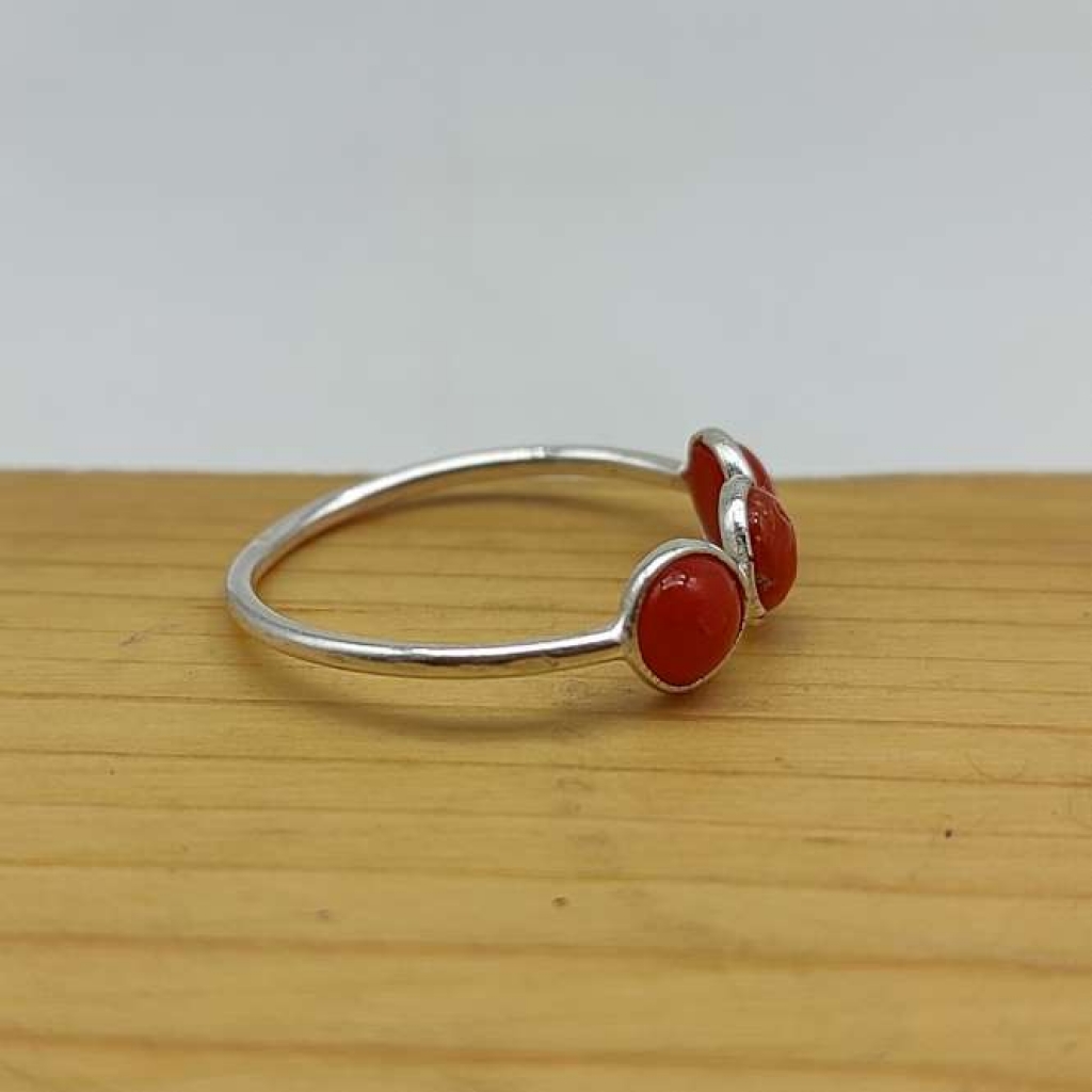 Natural Coral Gemstone 925 Sterling Silver Handcrafted Triple Stone Ring