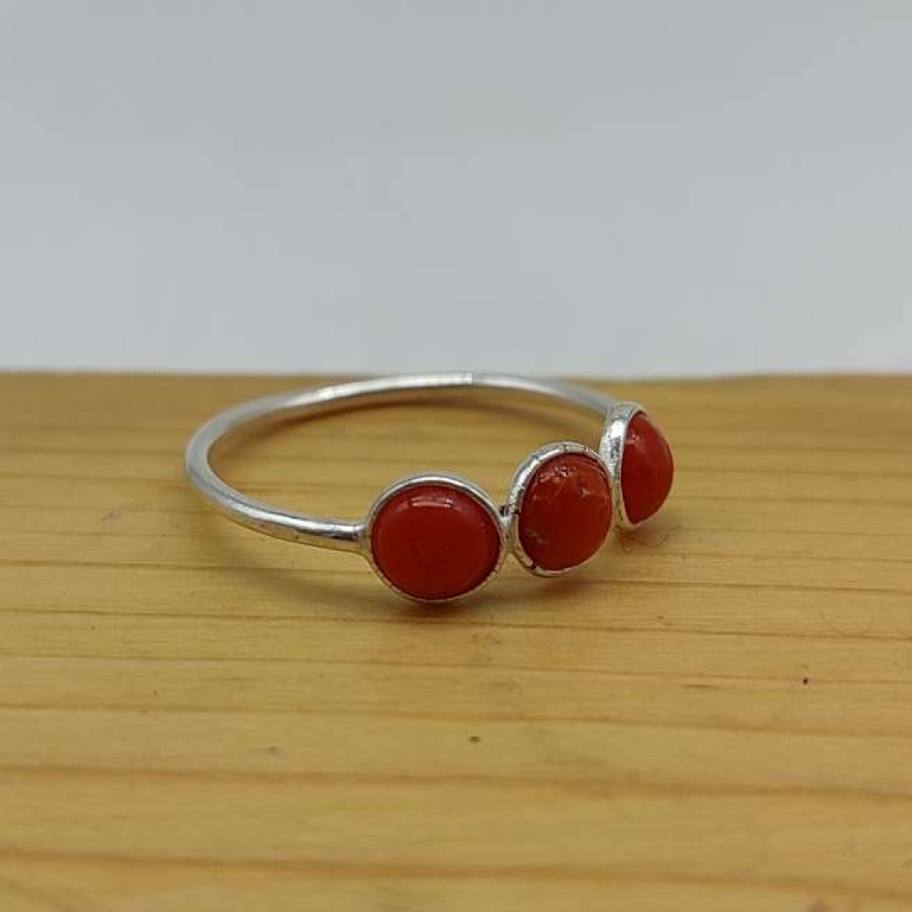Natural Coral Gemstone 925 Sterling Silver Handcrafted Triple Stone Ring