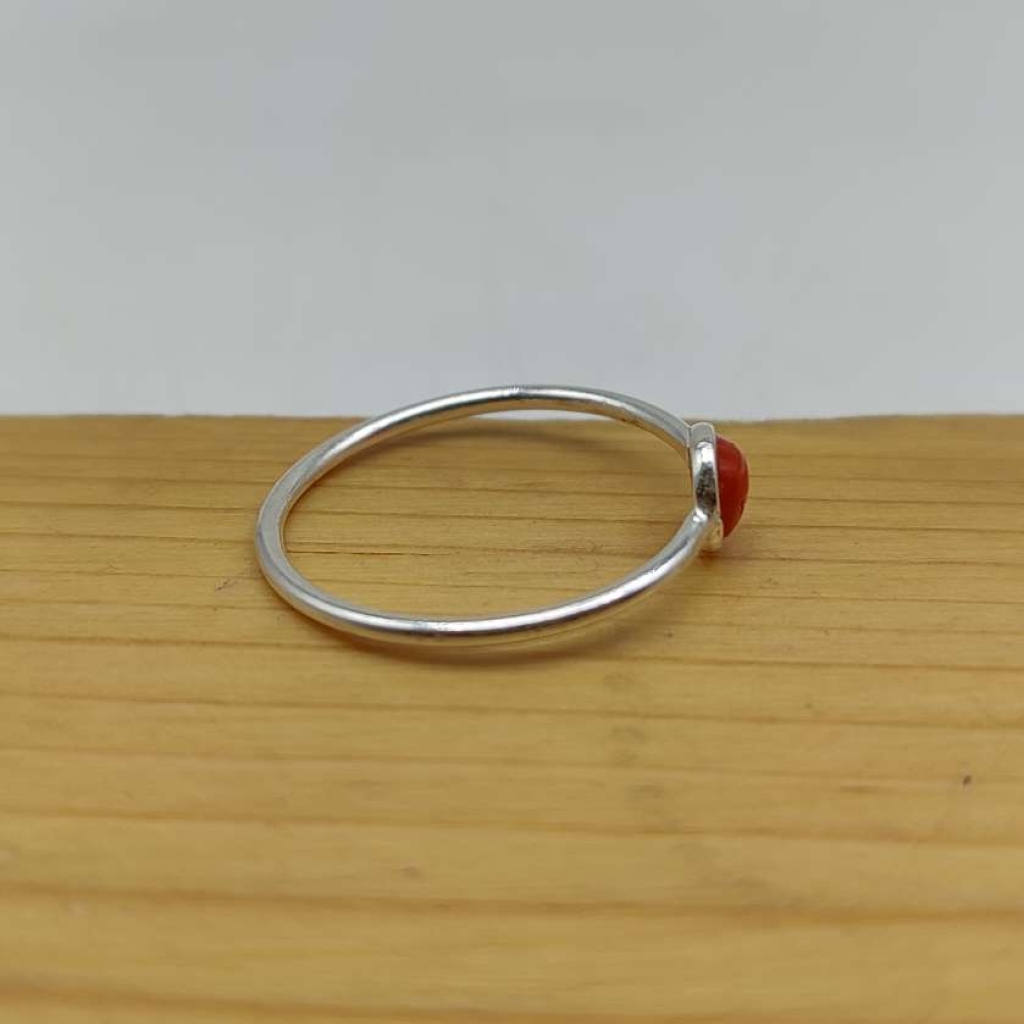 Natural Coral Gemstone 925 Sterling Silver Handcrafted Bezel Ring