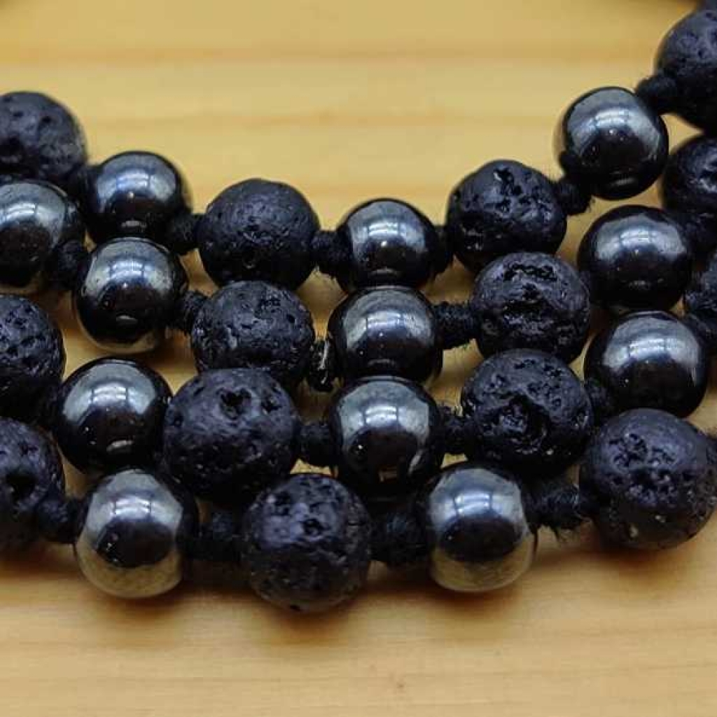 Natural Lava And Hematite  Gemstone Handknotted 108 Beads Rainbow Healing  Japa Mala