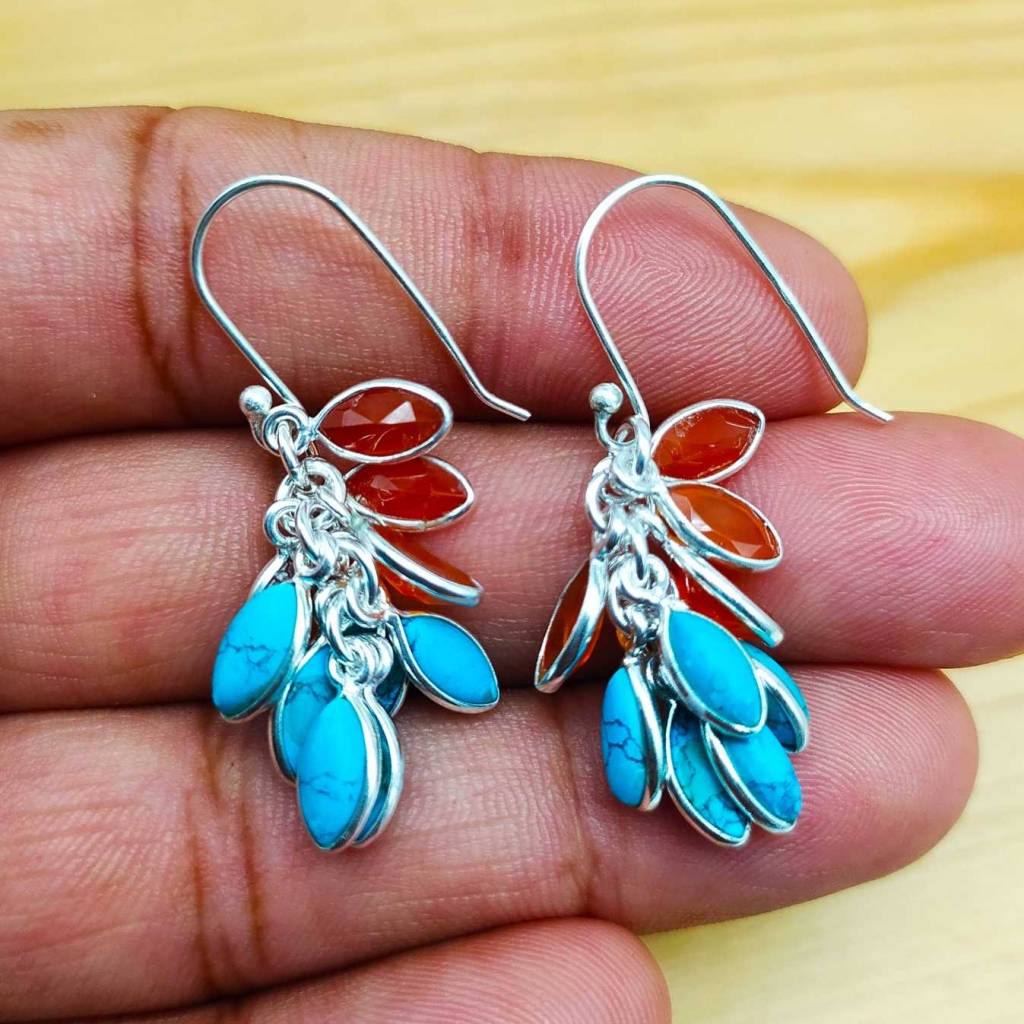 925 Sterling Silver Turquoise And Carnelien Gemstone Earring