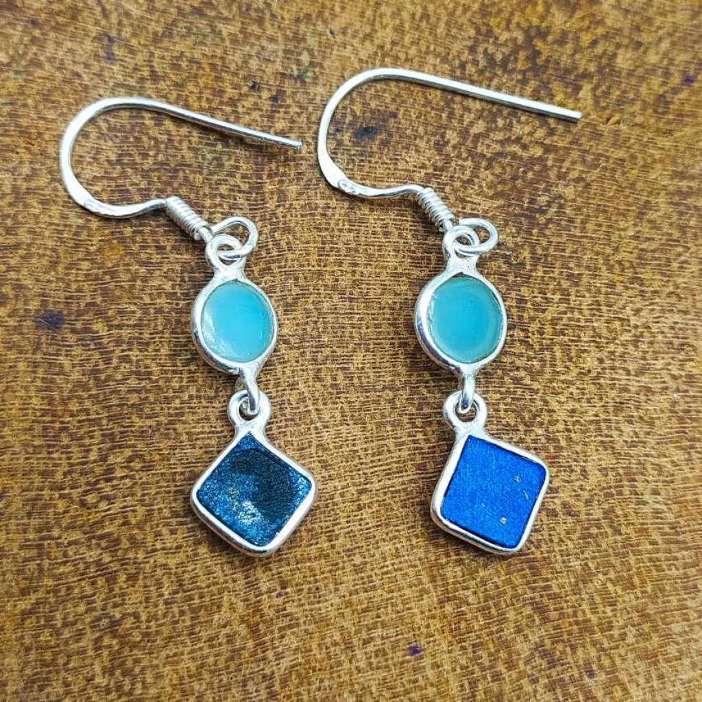 925 Sterling Silver Chalcedony, Lapis Handmade Gemstone Earring