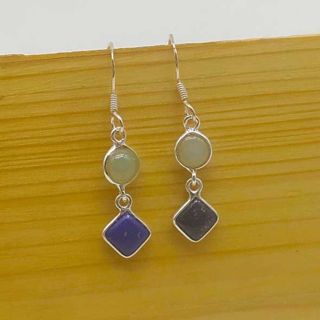 925 Sterling Silver Chalcedony, Lapis Handmade Gemstone Earring