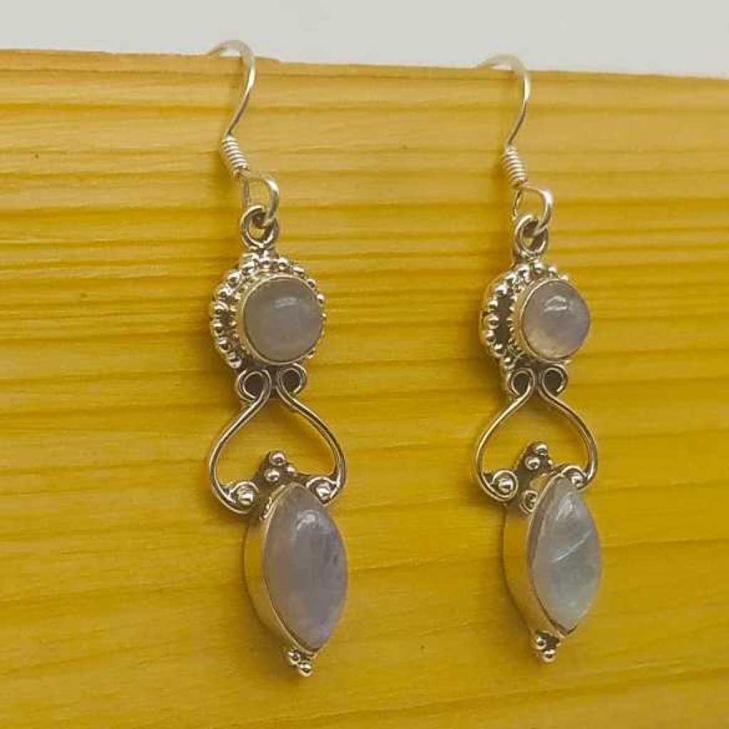 925 Sterling Silver Moonstone Round And Pear Shape Gemstone Handmade Earring