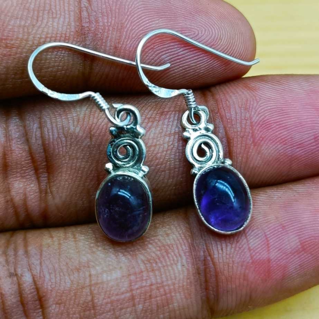 925 Sterling Silver Amethyst Oval Shape Gemstone Handmade Earring