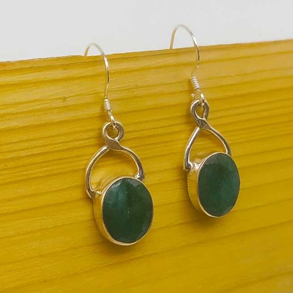 925 Sterling Silver Emerald Oval Shape Gemstone Handmade Earring