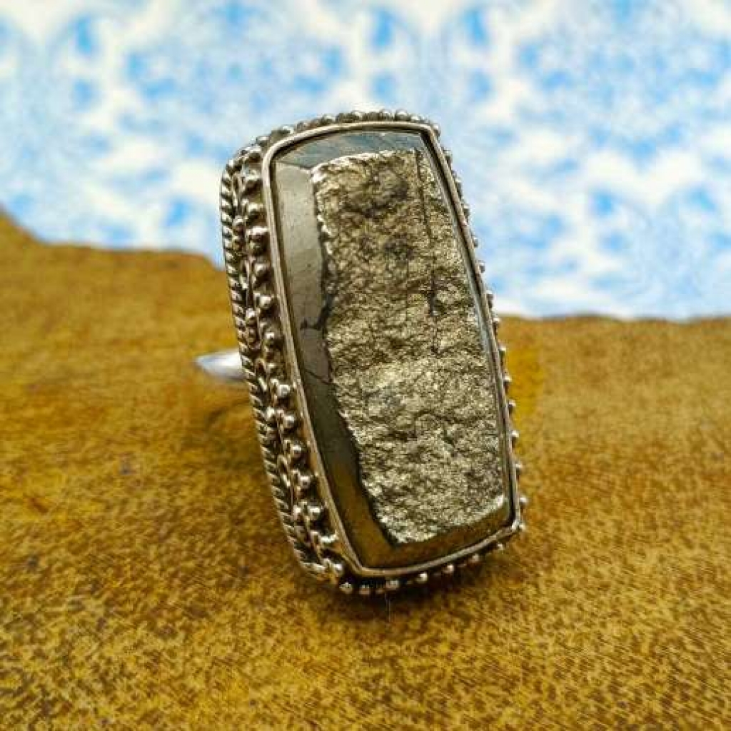 925 Sterling Silver Pyrite Square Shape Handmade Gemstone Ring Jewelry