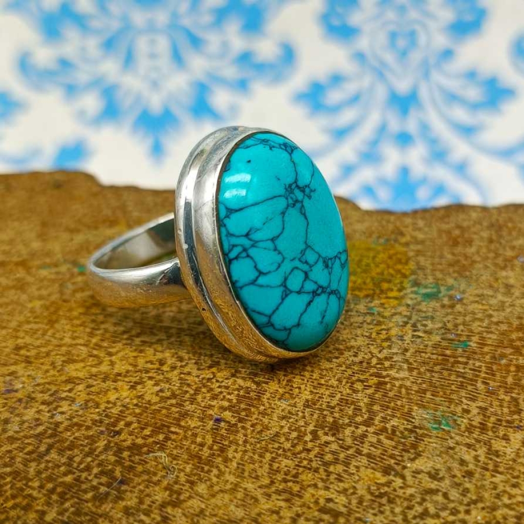925 Sterling Silver Turquoise Oval Shape Handmade Boho Ring