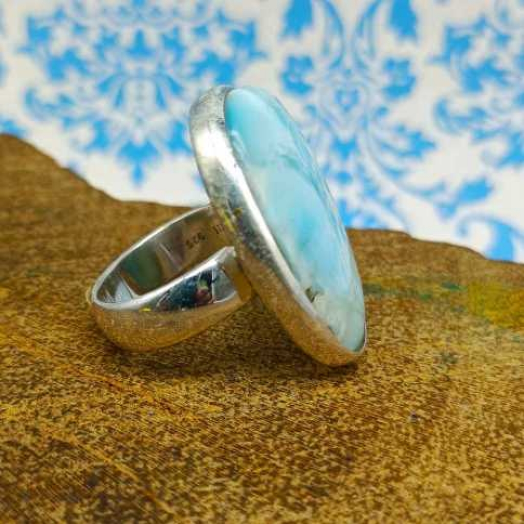 Natural Larimar 925 Sterling Silver Oval Gemstone Handmade Ring
