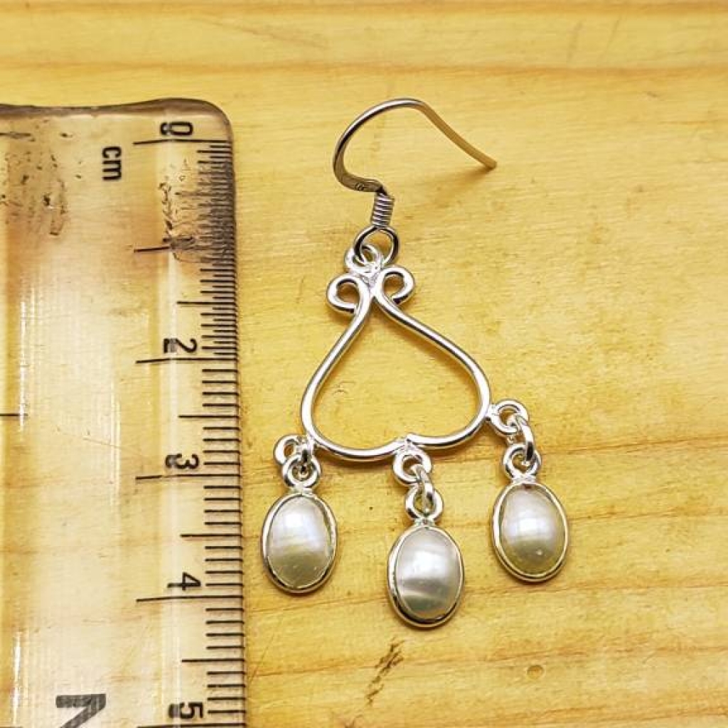 925 Sterling Silver Pearl Cabochon Long Round Shape Handmade Earring