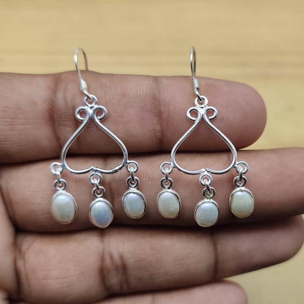 925 Sterling Silver Pearl Cabochon Long Round Shape Handmade Earring