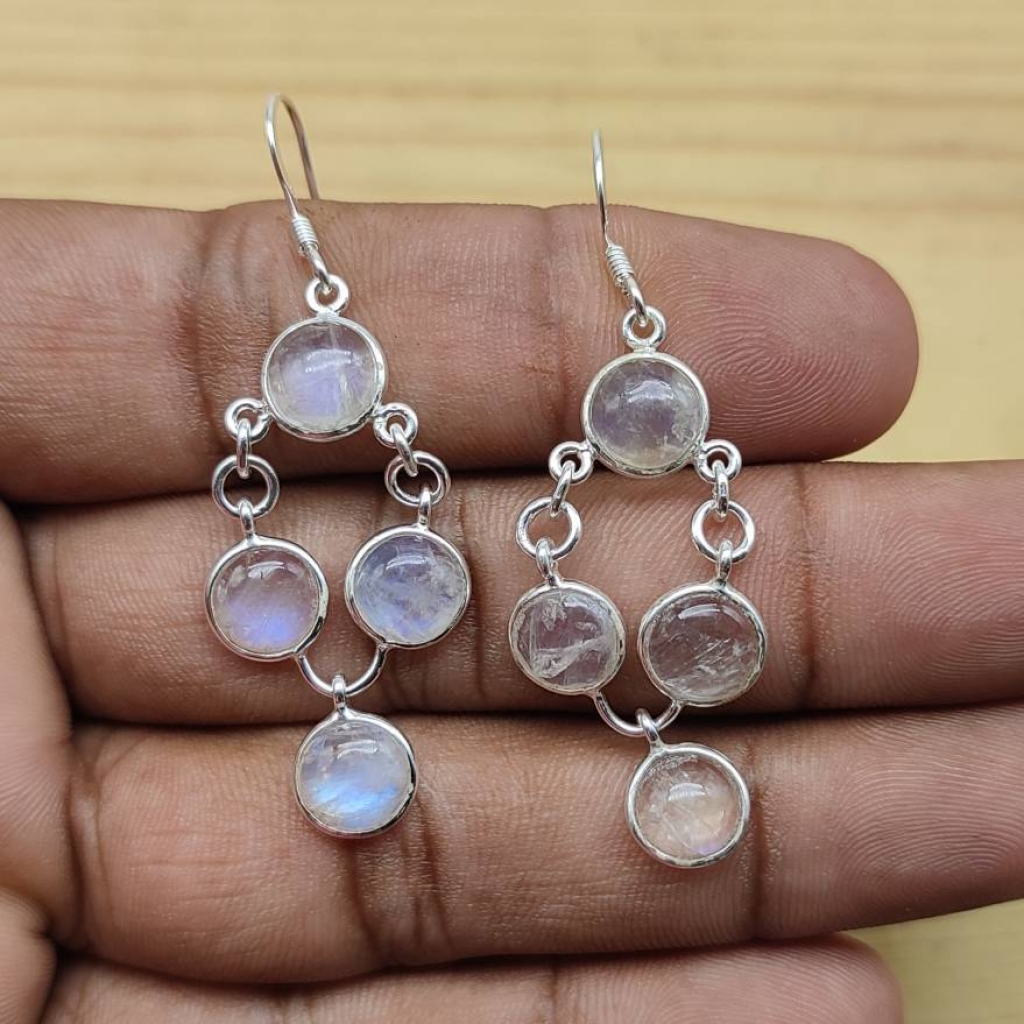 925 Sterling Silver Natural Moonstone Cabochon Long Round Shape Handmade Earring