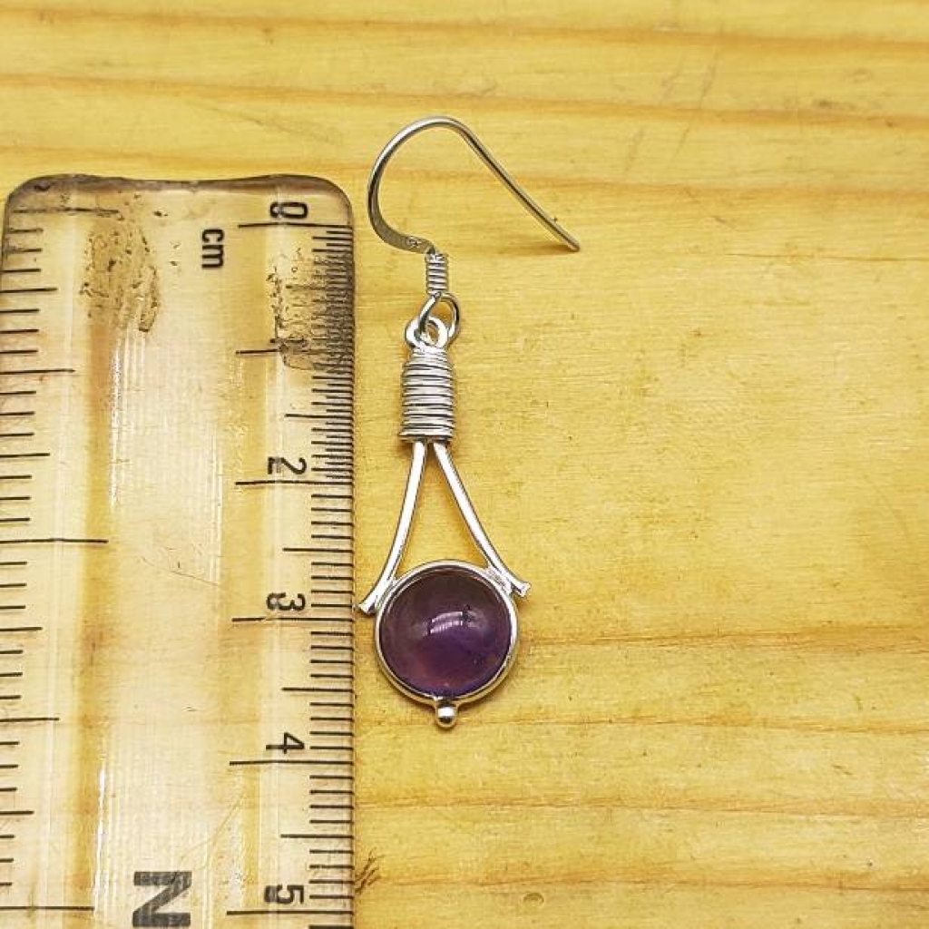 925 Sterling Silver Natural Amethyst Cabochon Shot Round Shape Handmade Earring