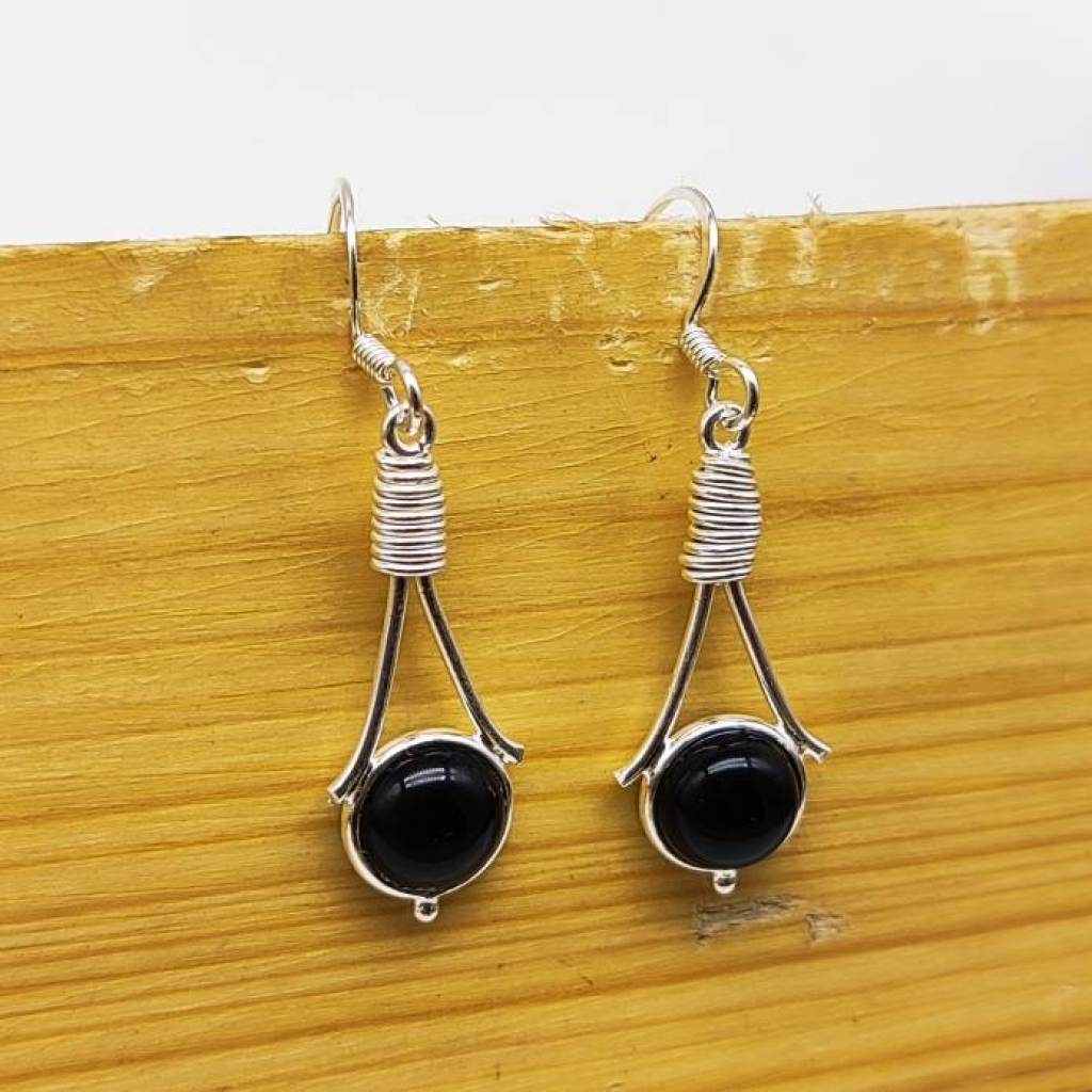 Natural Black Onyx 925 Sterling Silver Cabochon Shot Round Shape Earring