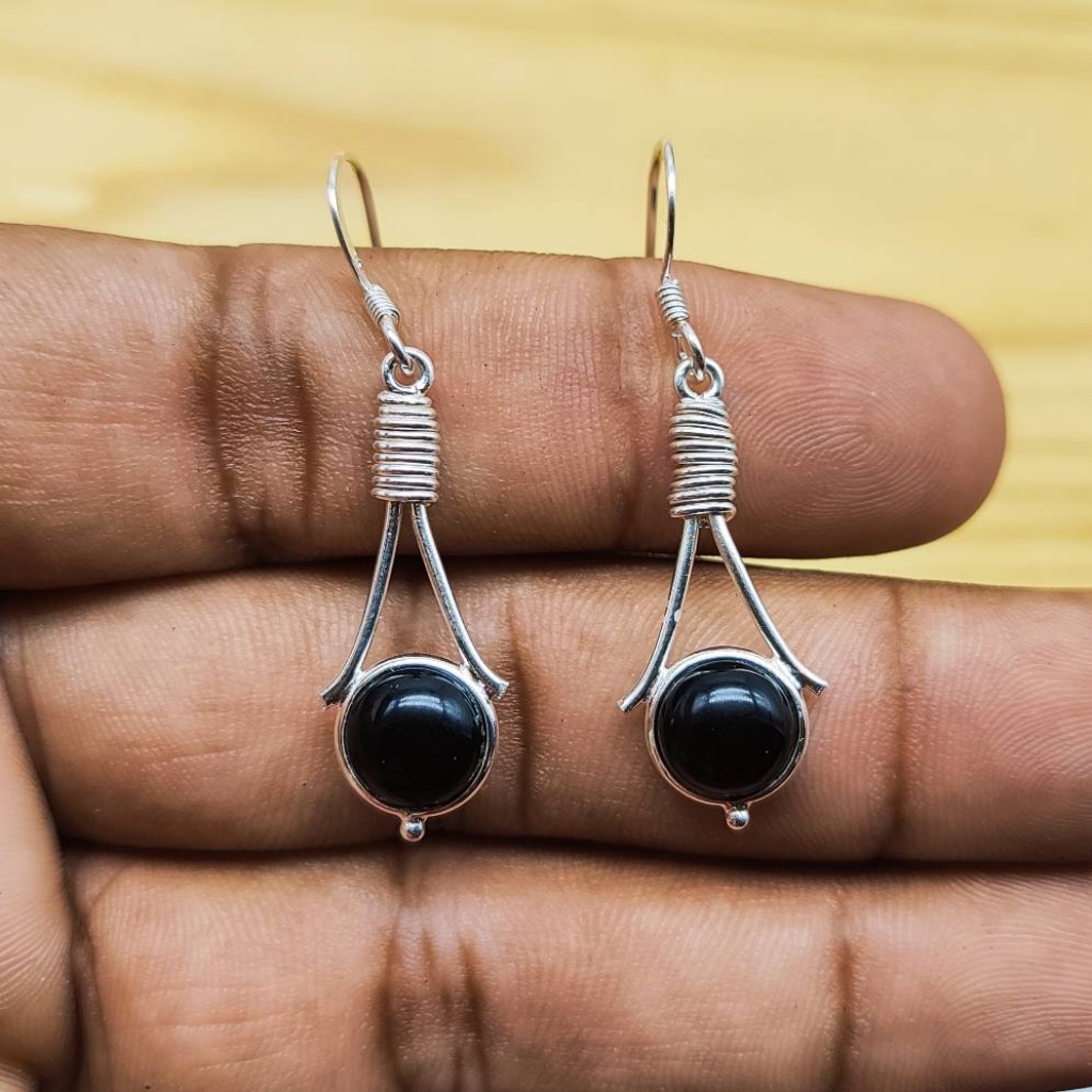Natural Black Onyx 925 Sterling Silver Cabochon Shot Round Shape Earring