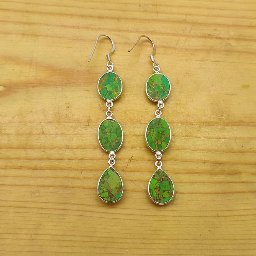 Green Copper Turquoise 925 Sterling Silver Handmade Pear Shape Earring Jewelry
