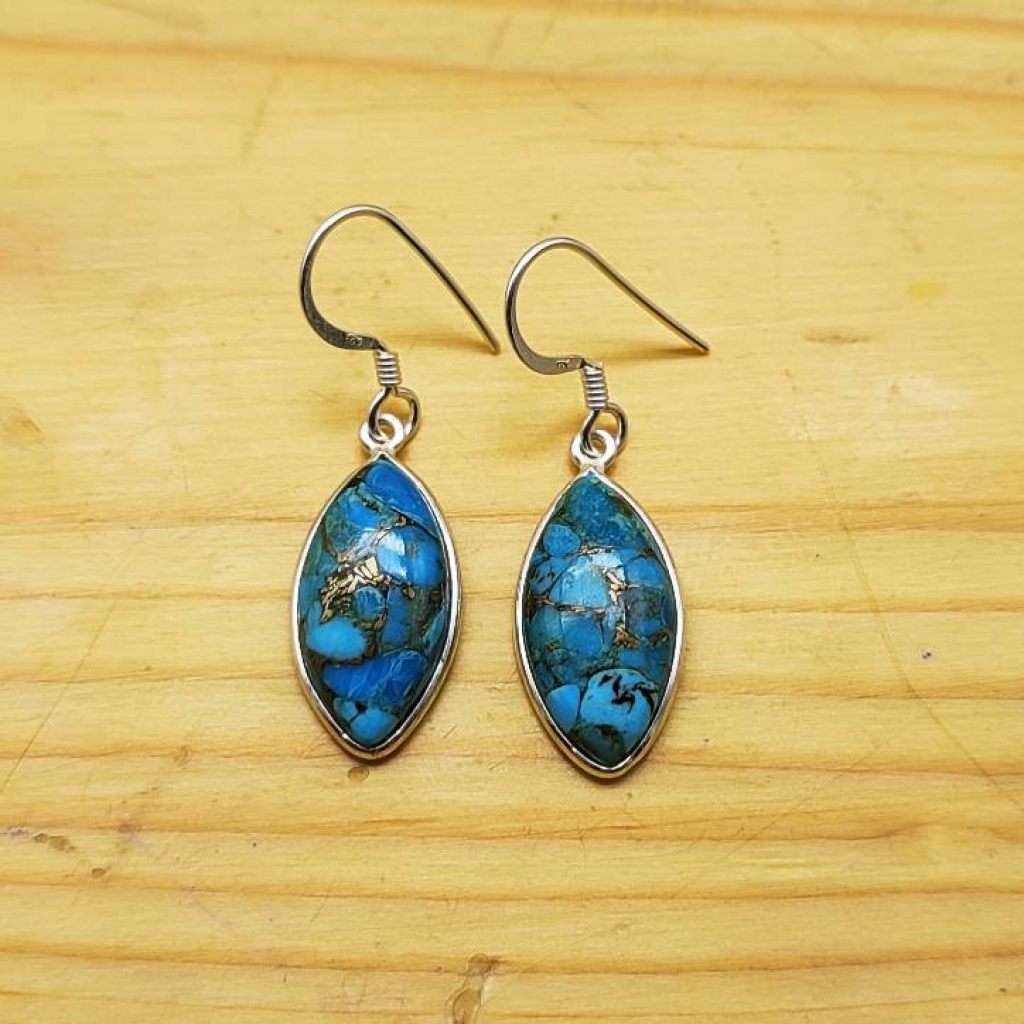Cabochon Shot Blue Copper Turquoise 925 Sterling Silver Marquise Shape Earring