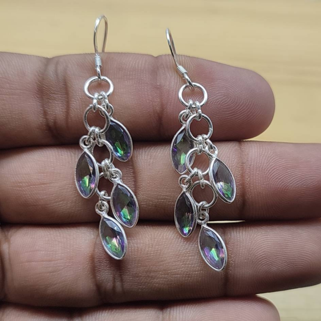 Natural Mystic Topaz 925 Sterling Silver Marquise Shape Long Gemstone Earring Jewelry