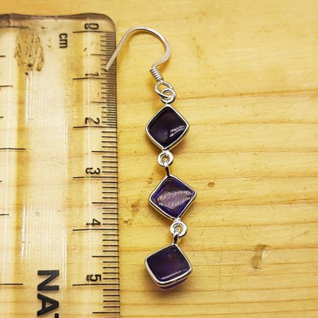925 Sterling Silver Natural Amethyst Cabochon Long Square Shape Handmade Earring