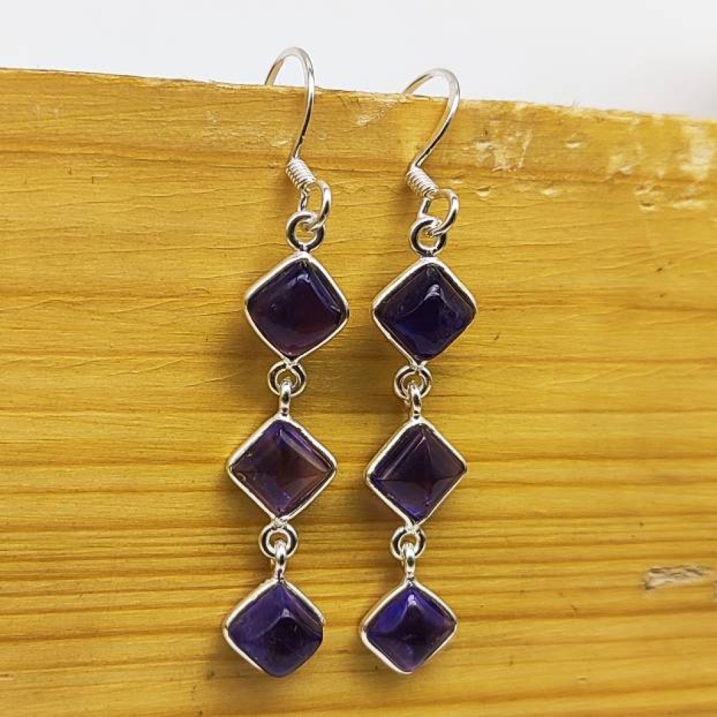 925 Sterling Silver Natural Amethyst Cabochon Long Square Shape Handmade Earring