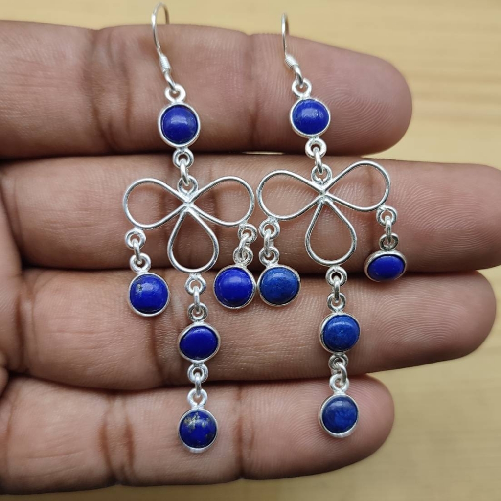 925 Sterling Silver Natural Lapis Lazuli Round Shape Gemstone Earring Jewelry