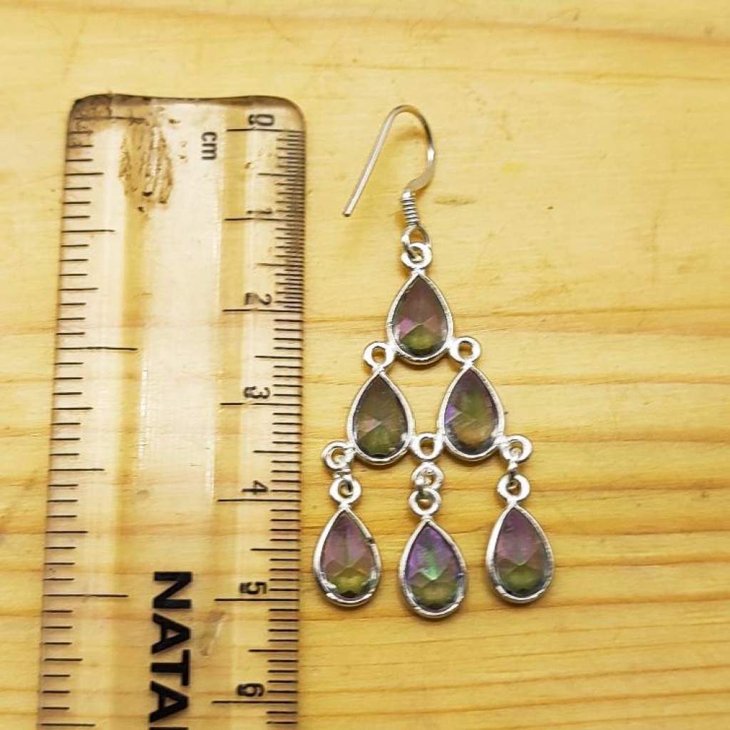 925 Sterling Silver Natural Mystic Topaz Cabochon Long Pear Shape Earring